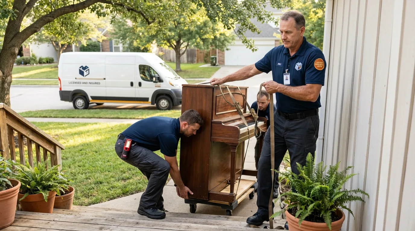 Licensed piano movers securing grand piano in Eastport, NY