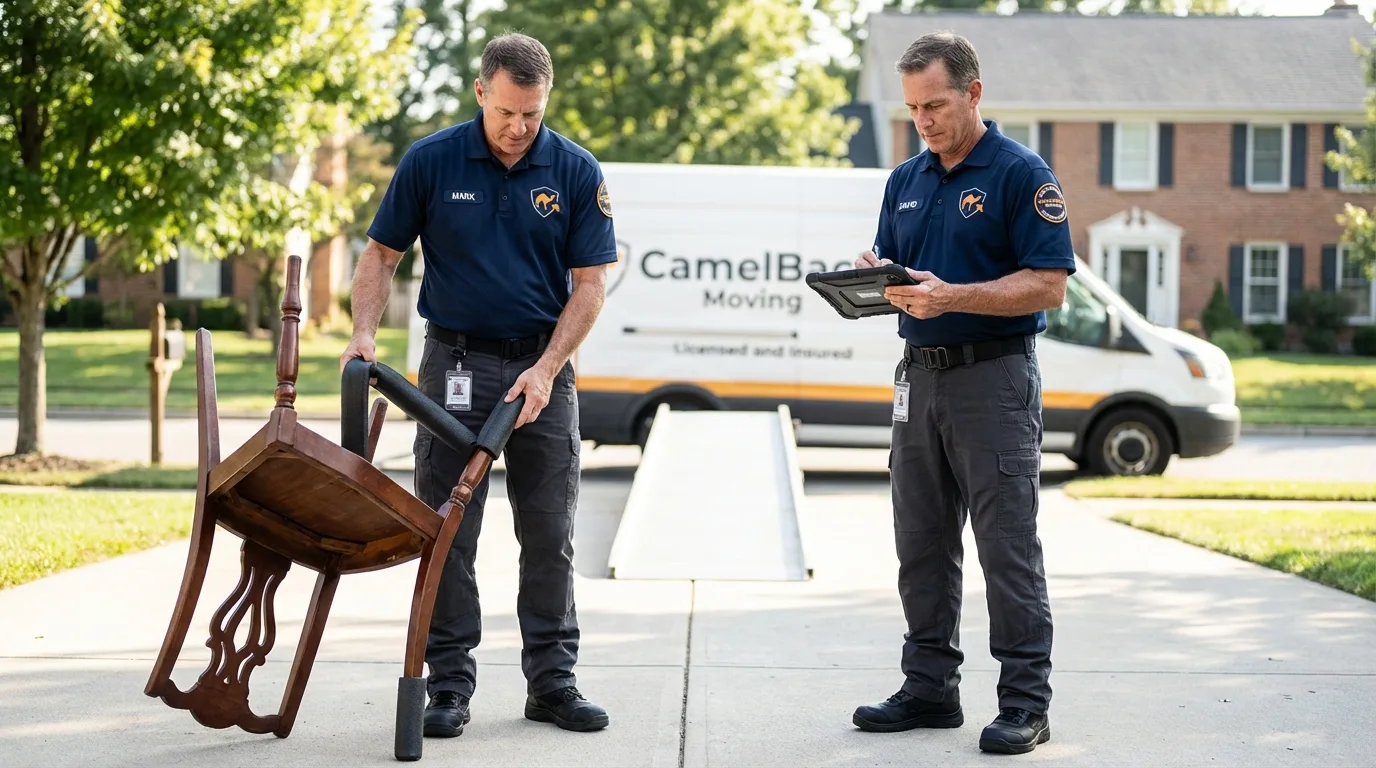 Movers inspecting furniture for damage prevention before loading in Eastport, NY