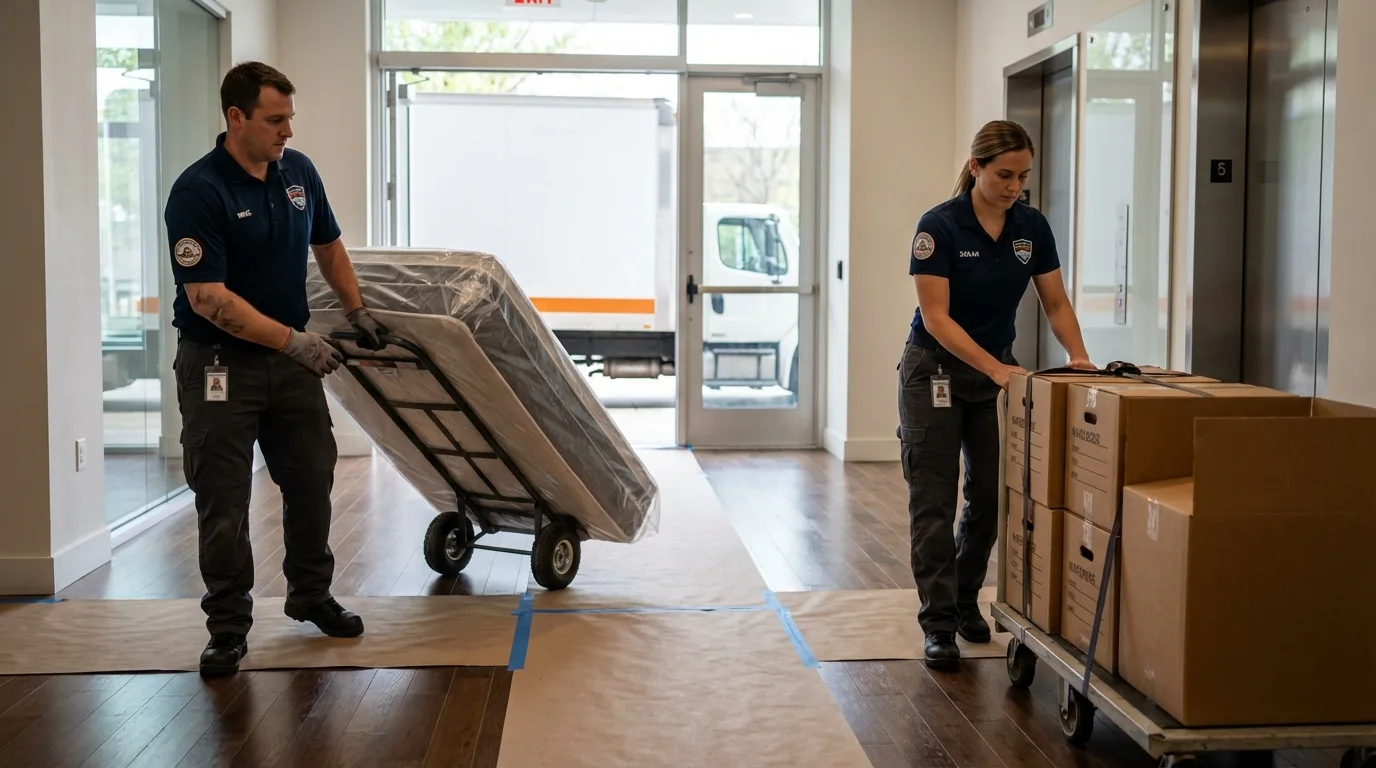 Professional apartment movers loading elevator in Eastport, NY