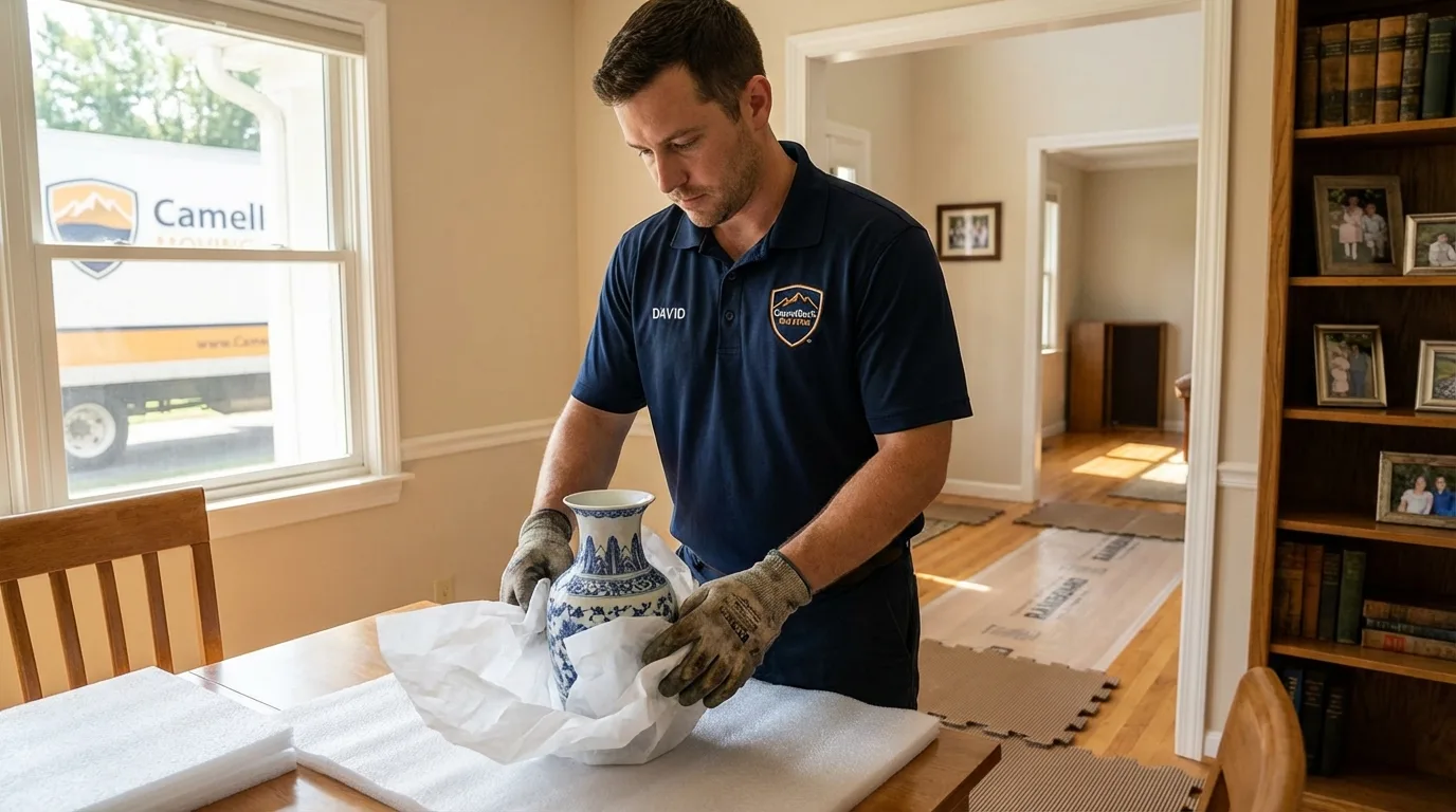 Professional crew carefully wrapping antique vase for senior downsizing move in Eastport, NY