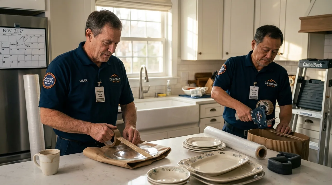 Professional crew packing kitchen dishware in Eastport, NY